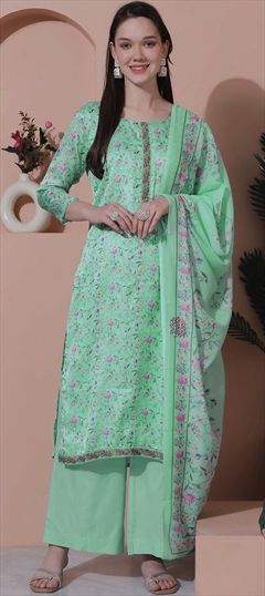 Party Wear Blue color Salwar Kameez in Satin Silk fabric with Palazzo, Straight Digital Print, Embroidered, Floral work : 1944497