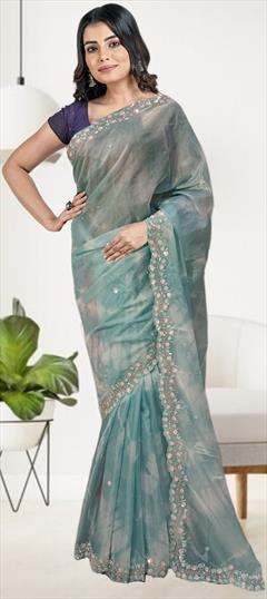Reception, Traditional Blue color Saree in Tissue fabric with South Embroidered, Sequence work : 1944562