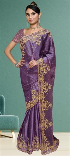 Reception, Traditional Purple and Violet color Saree in Art Silk fabric with South Embroidered, Sequence work : 1944563