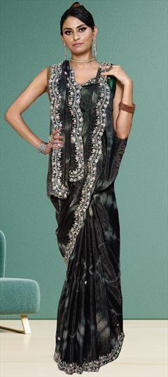 Reception, Traditional Black and Grey color Saree in Tissue fabric with South Embroidered, Sequence work : 1944564