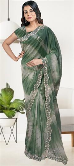 Reception, Traditional Blue color Saree in Tissue fabric with South Embroidered, Sequence work : 1944565