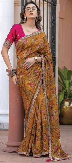 Festive, Reception Yellow color Saree in Viscose fabric with Classic Floral, Lace, Printed work : 1944580