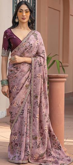 Festive, Reception Pink and Majenta color Saree in Viscose fabric with Classic Floral, Lace, Printed work : 1944582