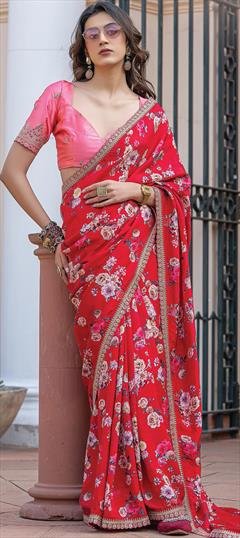 Festive, Reception Red and Maroon color Saree in Viscose fabric with Classic Floral, Lace, Printed work : 1944584
