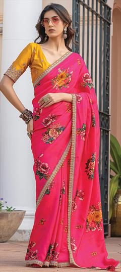 Festive, Reception Pink and Majenta color Saree in Viscose fabric with Classic Floral, Lace, Printed work : 1944587