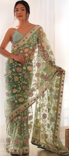 Engagement, Festive, Reception Green color Saree in Net fabric with Classic Aari, Embroidered, Stone work : 1944594