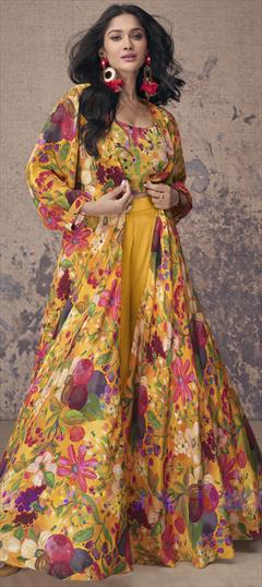 Festive, Party Wear, Reception Yellow color Salwar Kameez in Crepe Silk fabric with Embroidered, Floral, Printed, Thread work : 1944623