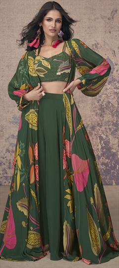 Festive, Party Wear, Reception Green color Salwar Kameez in Crepe Silk fabric with Embroidered, Floral, Printed, Thread work : 1944625