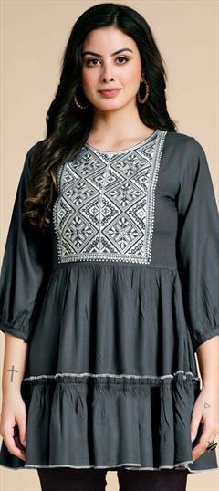 Casual Black and Grey color Kurti in Rayon fabric with A Line Embroidered work : 1944635