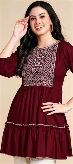 Casual Red and Maroon color Kurti in Rayon fabric with A Line Embroidered work : 1944637