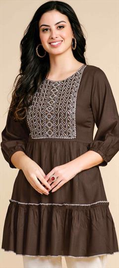 Casual Beige and Brown color Kurti in Rayon fabric with A Line Embroidered work : 1944639