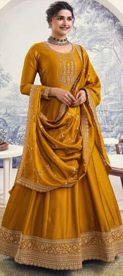Bollywood Yellow color Salwar Kameez in Georgette fabric with Anarkali Embroidered, Thread work : 1944665