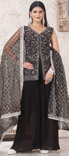 Engagement, Mehendi Sangeet, Wedding Black and Grey color Salwar Kameez in Georgette fabric with Sharara, Straight Embroidered work : 1944674