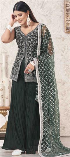 Engagement, Mehendi Sangeet, Wedding Green color Salwar Kameez in Georgette fabric with Sharara, Straight Embroidered work : 1944676