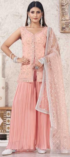 Engagement, Mehendi Sangeet, Wedding Pink and Majenta color Salwar Kameez in Georgette fabric with Sharara, Straight Embroidered work : 1944678