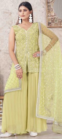 Engagement, Mehendi Sangeet, Wedding Green color Salwar Kameez in Georgette fabric with Sharara, Straight Embroidered work : 1944679