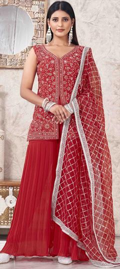 Engagement, Mehendi Sangeet, Wedding Red and Maroon color Salwar Kameez in Georgette fabric with Sharara, Straight Embroidered work : 1944680
