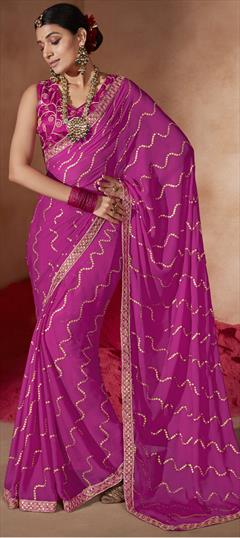 Festive, Party Wear, Reception Pink and Majenta color Saree in Chiffon fabric with Classic Lace work : 1944716