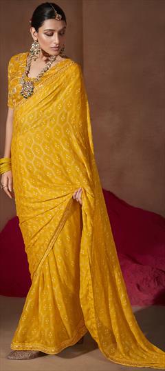 Festive, Party Wear, Reception Yellow color Saree in Chiffon fabric with Classic, Rajasthani Bandhej, Lace, Printed work : 1944719