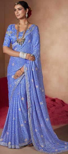 Festive, Party Wear, Reception Blue color Saree in Chiffon fabric with Classic, Rajasthani Bandhej, Lace, Printed work : 1944720
