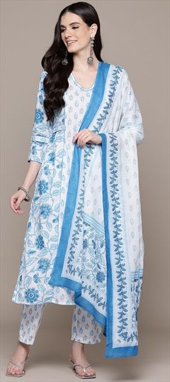 Festive, Summer Blue, White and Off White color Salwar Kameez in Cotton fabric with Straight Printed, Thread work : 1944735