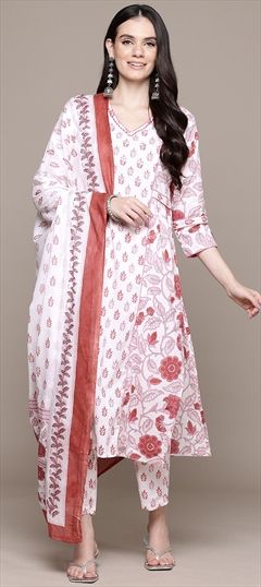 Festive, Summer Pink and Majenta, White and Off White color Salwar Kameez in Cotton fabric with Straight Printed, Thread work : 1944737