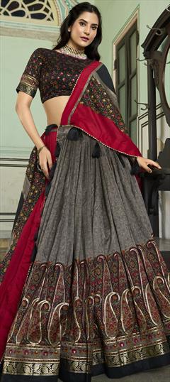 Engagement, Festive, Party Wear Black and Grey color Lehenga in Tussar Silk fabric with Flared Foil Print work : 1944738
