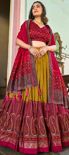 Engagement, Festive, Party Wear Yellow color Lehenga in Tussar Silk fabric with Flared Foil Print work : 1944741