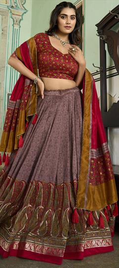 Engagement, Festive, Party Wear Purple and Violet color Lehenga in Tussar Silk fabric with Flared Foil Print work : 1944742