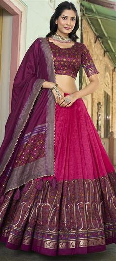 Engagement, Festive, Party Wear Pink and Majenta color Lehenga in Tussar Silk fabric with Flared Foil Print work : 1944743