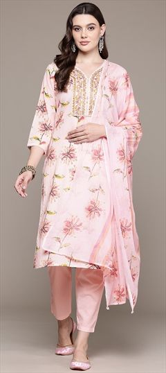 Festive, Summer Pink and Majenta color Salwar Kameez in Cotton fabric with Straight Floral, Printed, Resham, Sequence, Thread, Zari work : 1944755