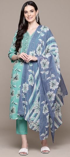 Festive, Summer Blue color Salwar Kameez in Cotton fabric with Straight Floral, Printed, Resham, Sequence, Thread, Zari work : 1944756