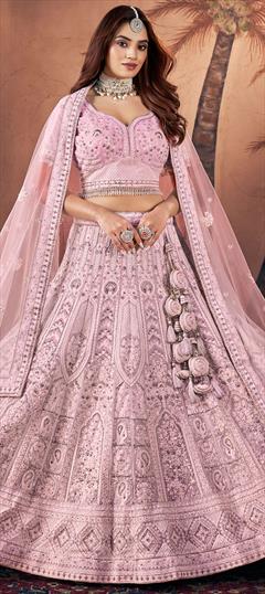 Bridal, Wedding Pink and Majenta color Lehenga in Georgette fabric with Flared Embroidered, Sequence, Thread, Zircon work : 1944765