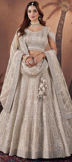 Bridal, Wedding Beige and Brown color Ready to Wear Lehenga in Net fabric with Flared Embroidered, Resham, Sequence, Thread, Zircon work : 1944779