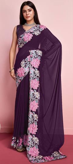 Festive, Reception Purple and Violet color Saree in Georgette fabric with Classic Embroidered, Thread work : 1944837