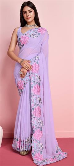 Festive, Reception Purple and Violet color Saree in Georgette fabric with Classic Embroidered, Thread work : 1944839