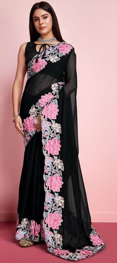 Festive, Reception Black and Grey color Saree in Georgette fabric with Classic Embroidered, Thread work : 1944840