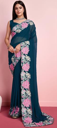 Festive, Reception Blue color Saree in Georgette fabric with Classic Embroidered, Thread work : 1944841