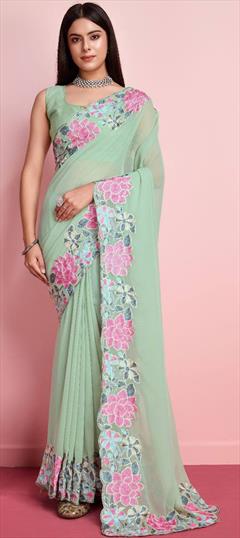 Festive, Reception Green color Saree in Georgette fabric with Classic Embroidered, Thread work : 1944844