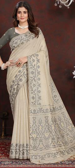 Party Wear, Traditional Black and Grey color Saree in Cotton fabric with Bengali Weaving work : 1944873