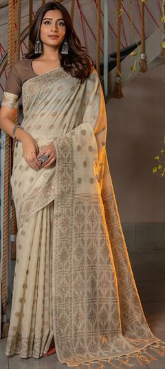Festive, Traditional Beige and Brown color Saree in Cotton fabric with Bengali Weaving work : 1944883
