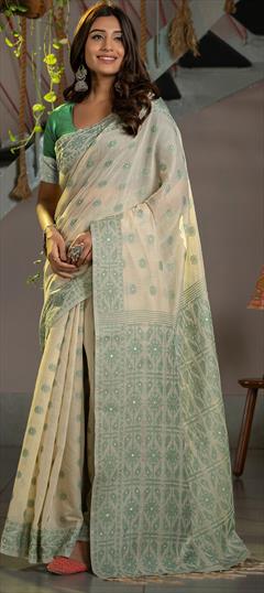 Festive, Traditional Beige and Brown, Green color Saree in Cotton fabric with Bengali Weaving work : 1944884