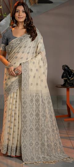 Festive, Traditional Beige and Brown, Black and Grey color Saree in Cotton fabric with Bengali Weaving work : 1944886