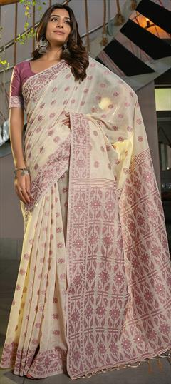Festive, Traditional Beige and Brown, Purple and Violet color Saree in Cotton fabric with Bengali Weaving work : 1944887