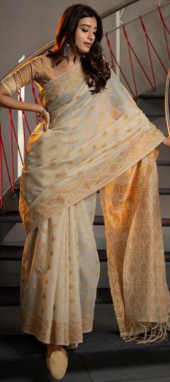 Festive, Traditional Beige and Brown, Yellow color Saree in Cotton fabric with Bengali Weaving work : 1944888