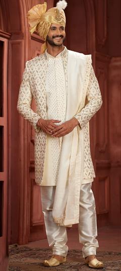 Wedding White and Off White color Sherwani in Silk fabric with Embroidered, Sequence, Thread work : 1944912