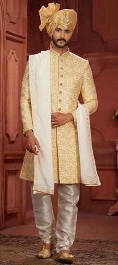 Wedding Yellow color Sherwani in Silk fabric with Embroidered, Sequence, Thread work : 1944914