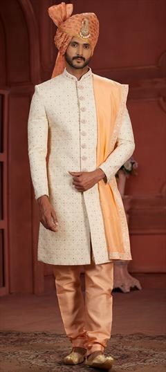 Wedding Pink and Majenta, White and Off White color Sherwani in Silk fabric with Embroidered, Sequence, Thread work : 1944915