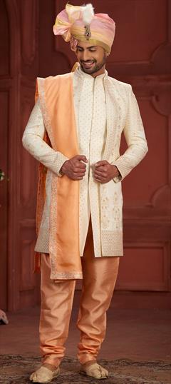 Wedding Pink and Majenta, White and Off White color Sherwani in Dolla Silk fabric with Embroidered, Sequence, Thread work : 1944916
