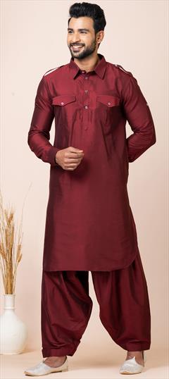 Party Wear Red and Maroon color Pathani Suit in Viscose fabric with Thread work : 1944934
